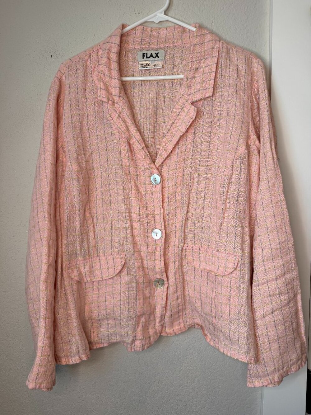 Flax 100% Lined Pink Windowpane Plaid Blazer Size Medium